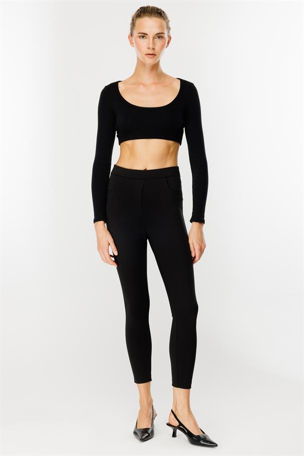 Kalın Kumaş Yüksek Bel Tayt Pantolon-SİYAH