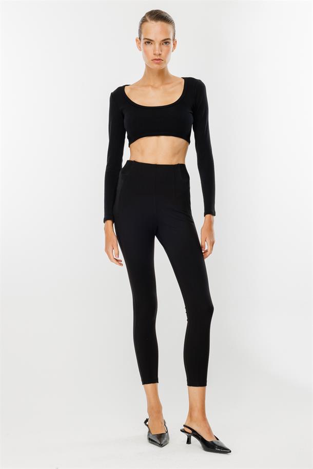 Kalın Kumaş Yüksek Bel Tayt Pantolon-SİYAH