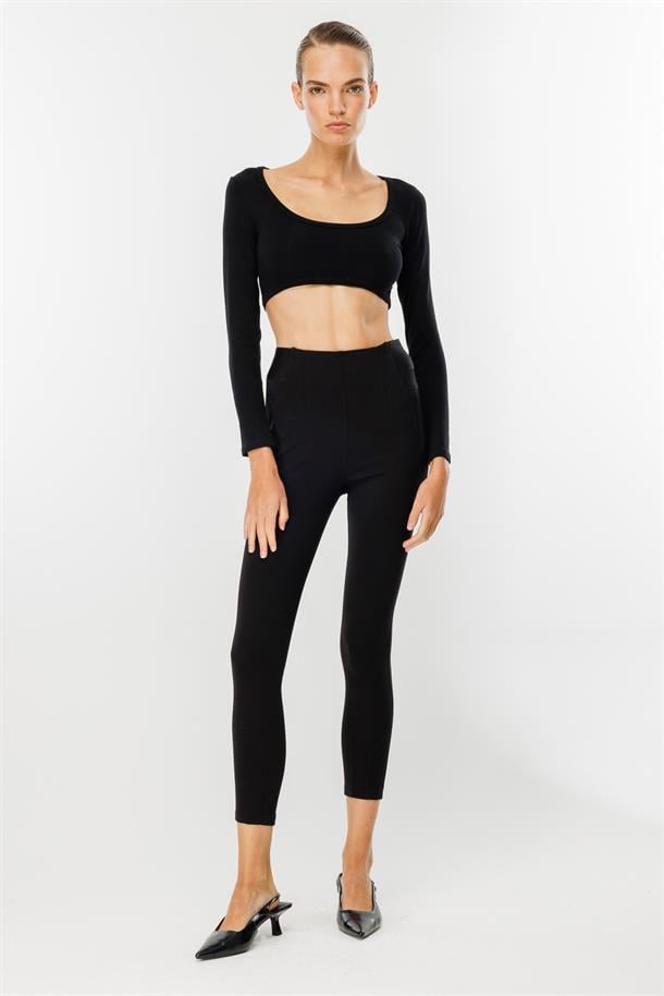 Kalın Kumaş Yüksek Bel Tayt Pantolon-SİYAH