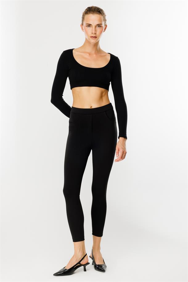 Kalın Kumaş Yüksek Bel Tayt Pantolon-SİYAH