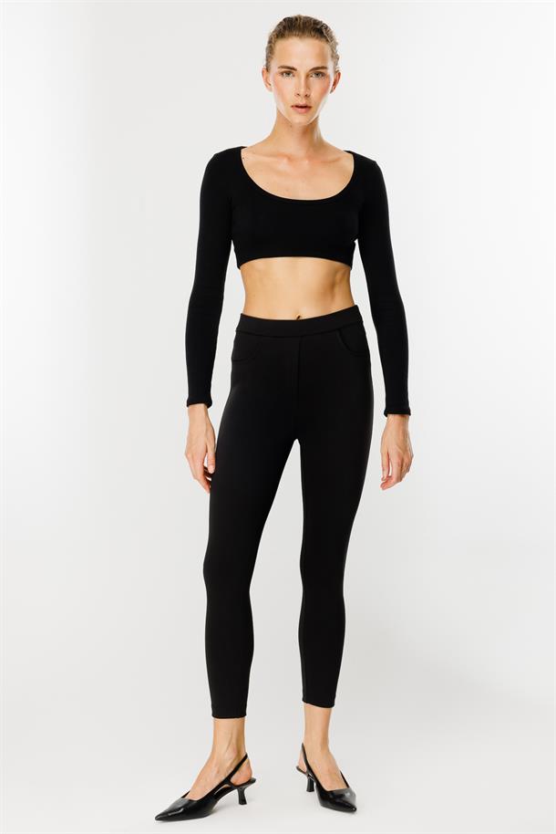 Kalın Kumaş Yüksek Bel Tayt Pantolon-SİYAH