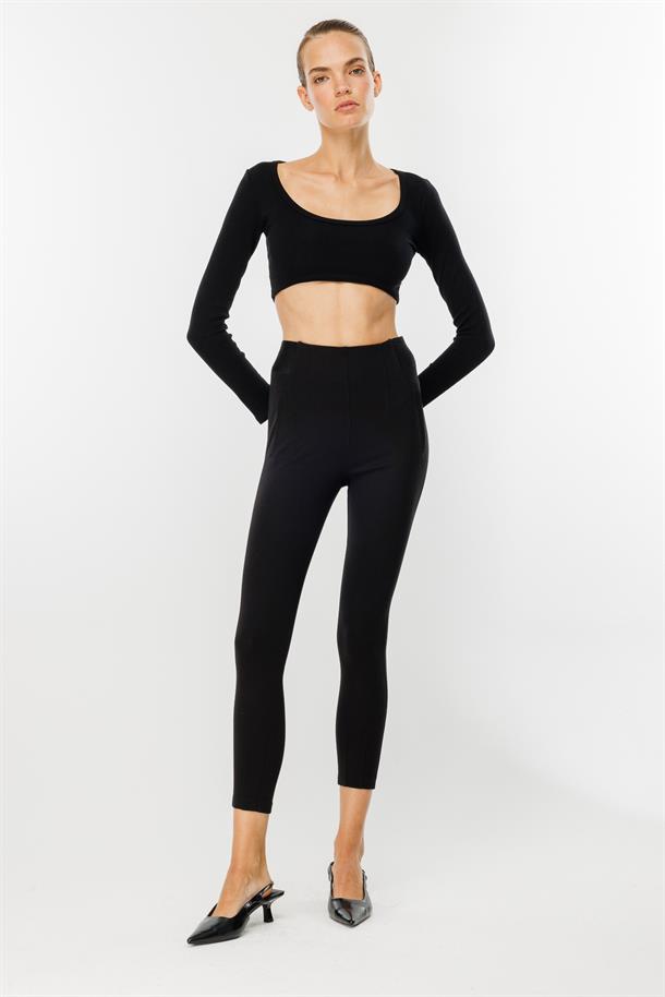 Kalın Kumaş Yüksek Bel Tayt Pantolon-SİYAH