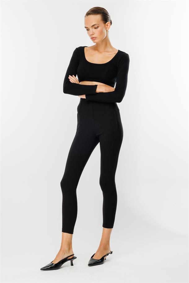 Kalın Kumaş Yüksek Bel Tayt Pantolon-SİYAH