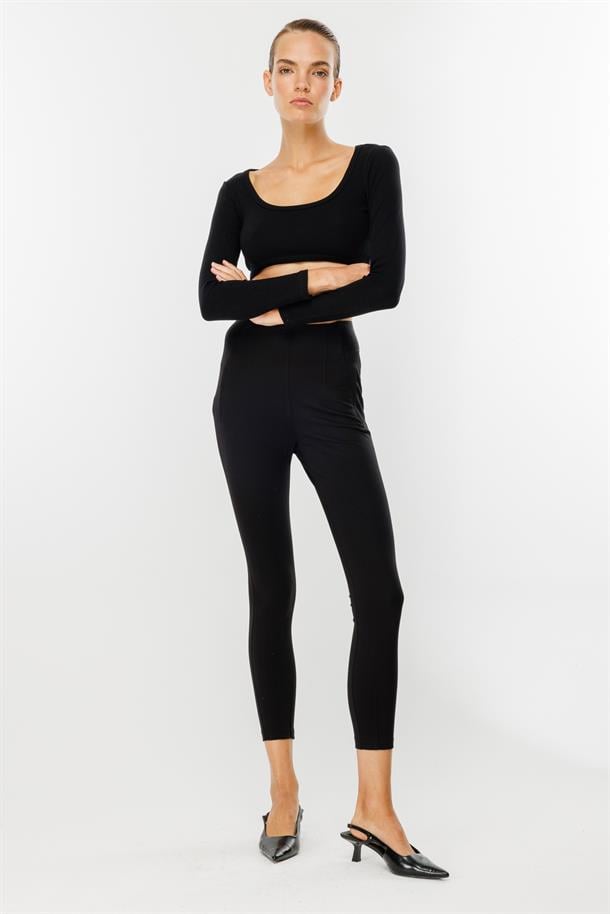 Kalın Kumaş Yüksek Bel Tayt Pantolon-SİYAH