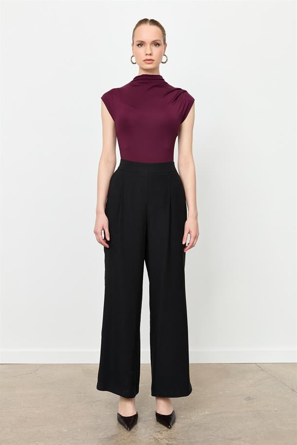 Kalın Pile Beli Lastikli Pantolon-SİYAH