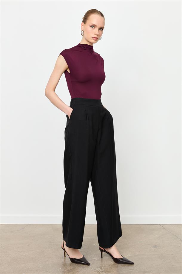 Kalın Pile Beli Lastikli Pantolon-SİYAH