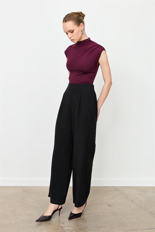 Kalın Pile Beli Lastikli Pantolon-SİYAH