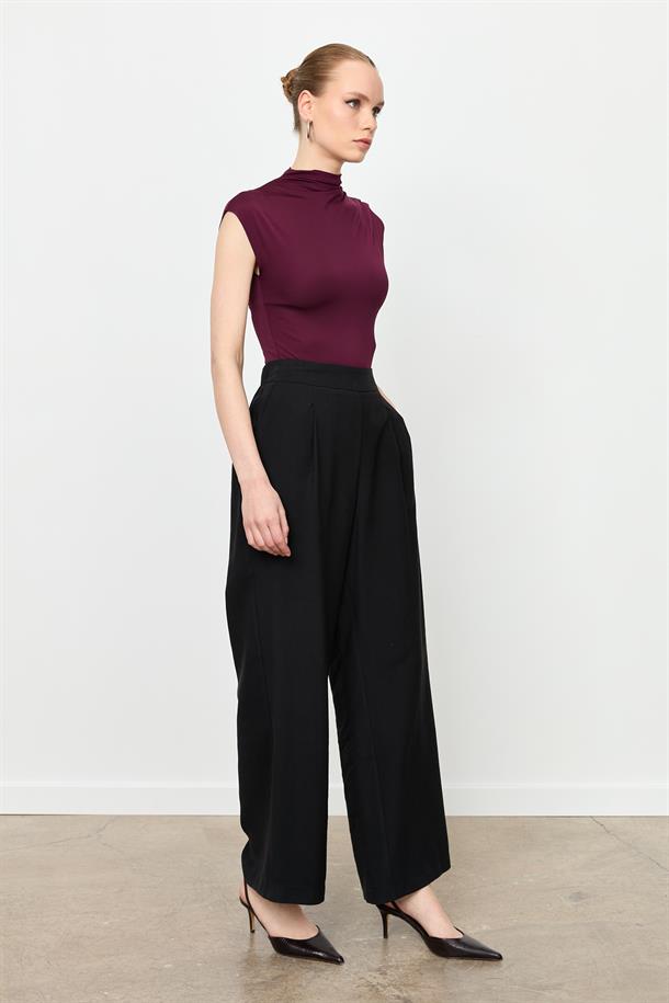 Kalın Pile Beli Lastikli Pantolon-SİYAH