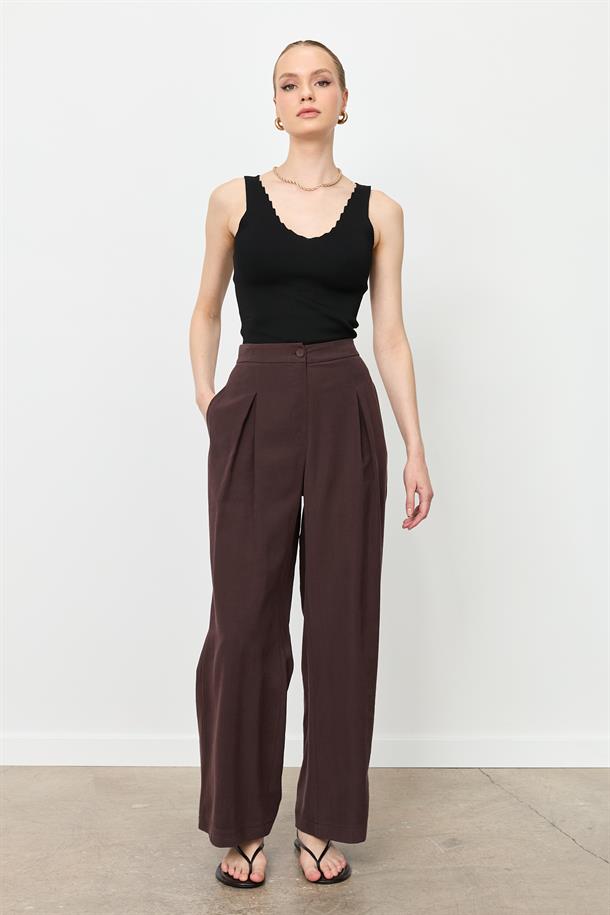 Kalın Pileli Bol Paça Pantolon-KAHVE