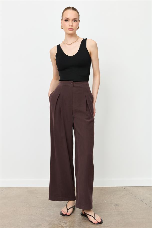 Kalın Pileli Bol Paça Pantolon-KAHVE