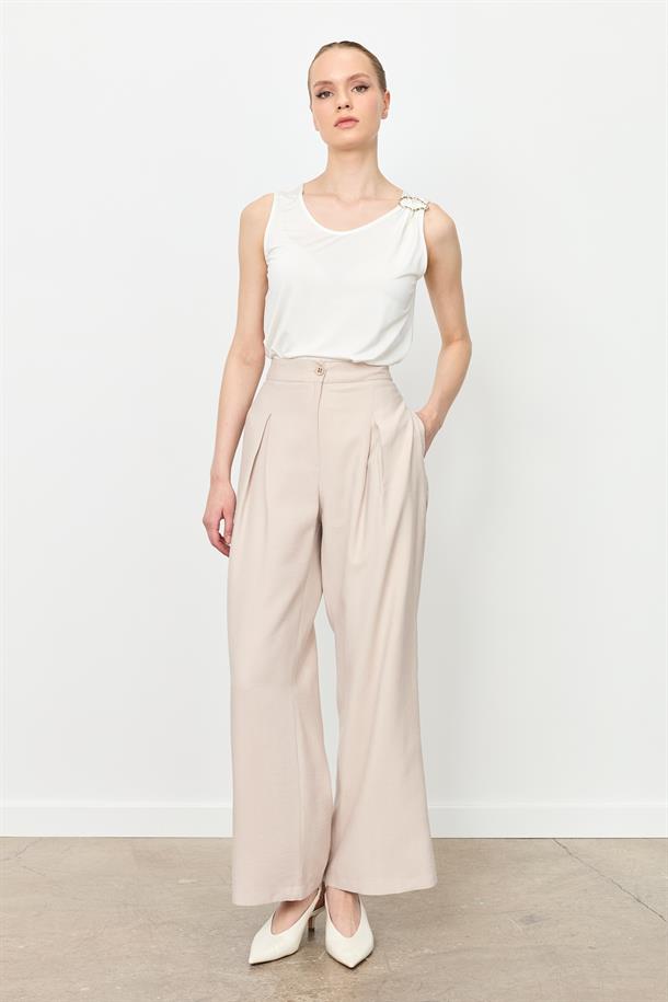 Kalın Pileli Bol Paça Pantolon-TAŞ