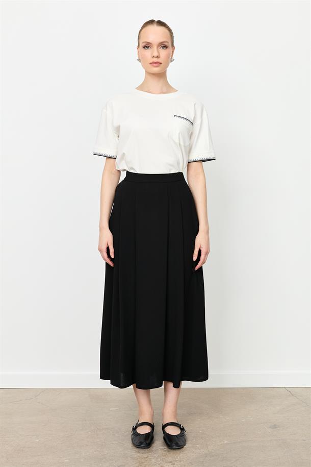Kalın Pileli Uzun Etek-SİYAH