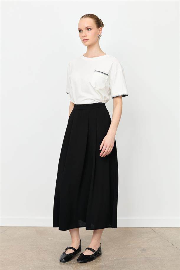 Kalın Pileli Uzun Etek-SİYAH