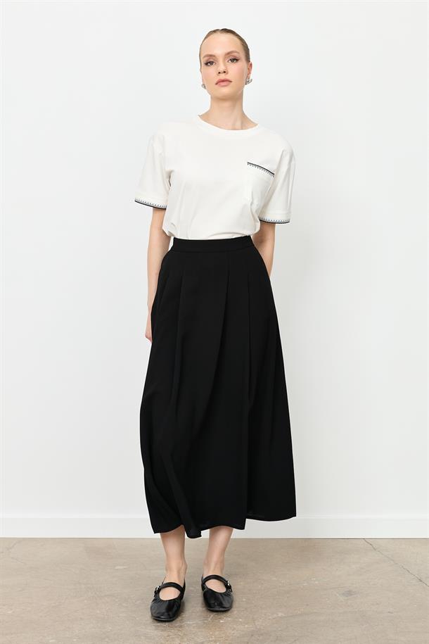 Kalın Pileli Uzun Etek-SİYAH