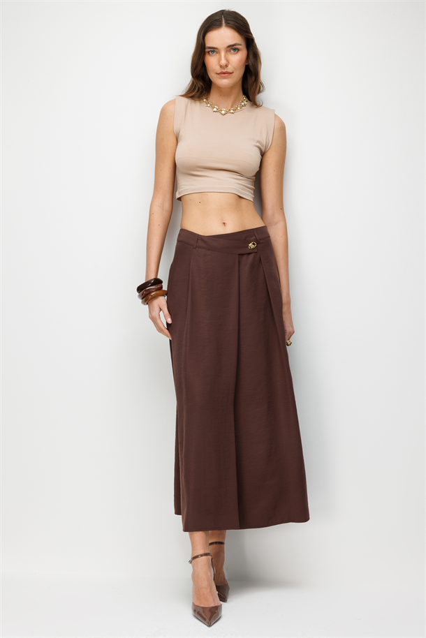 Kalın Pileli Uzun Cupra Etek-KAHVE