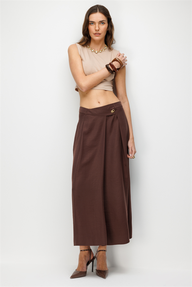 Kalın Pileli Uzun Cupra Etek-KAHVE
