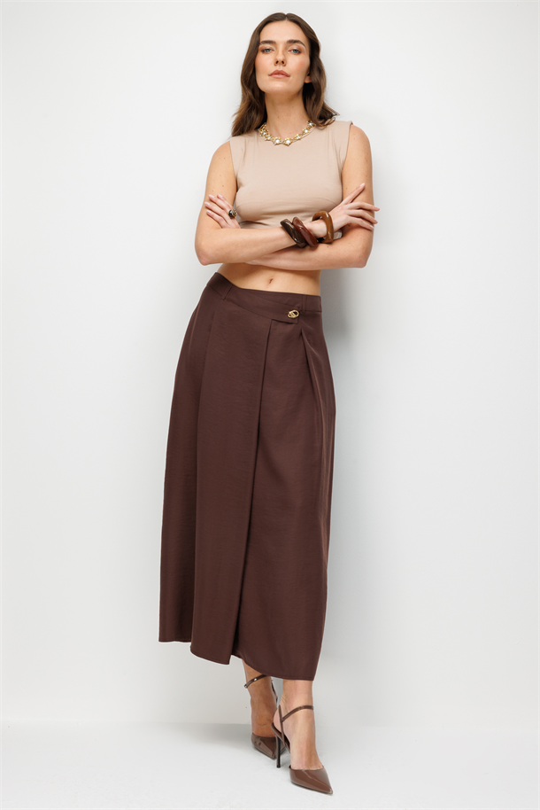 Kalın Pileli Uzun Cupra Etek-KAHVE
