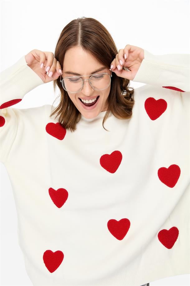 Kalp Desenli Triko Kazak-EKRU