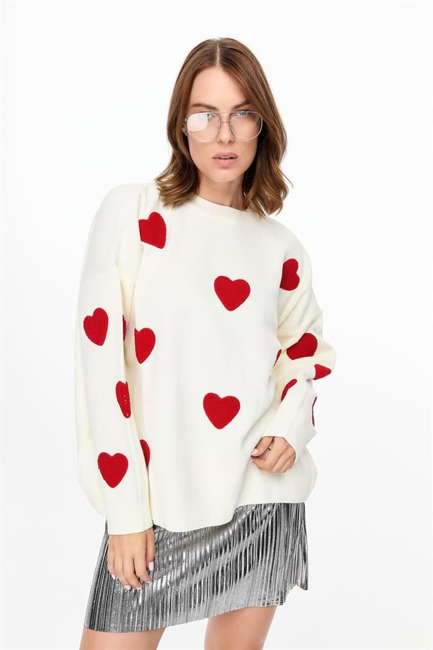 Kalp Desenli Triko Kazak-EKRU