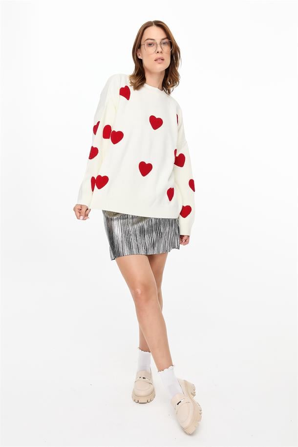 Kalp Desenli Triko Kazak-EKRU