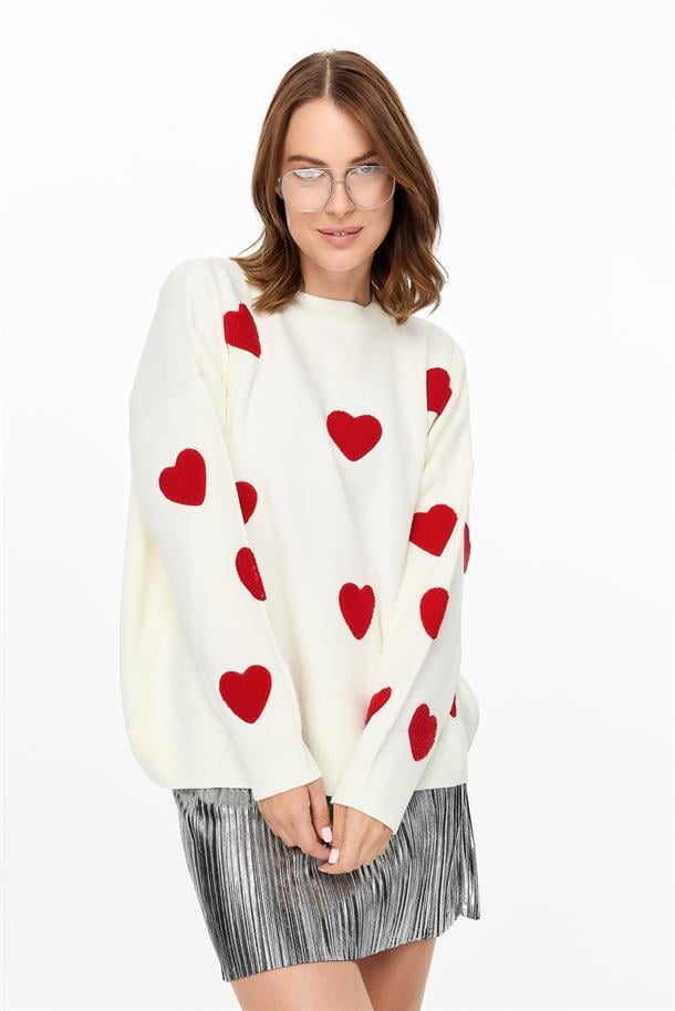 Kalp Desenli Triko Kazak-EKRU