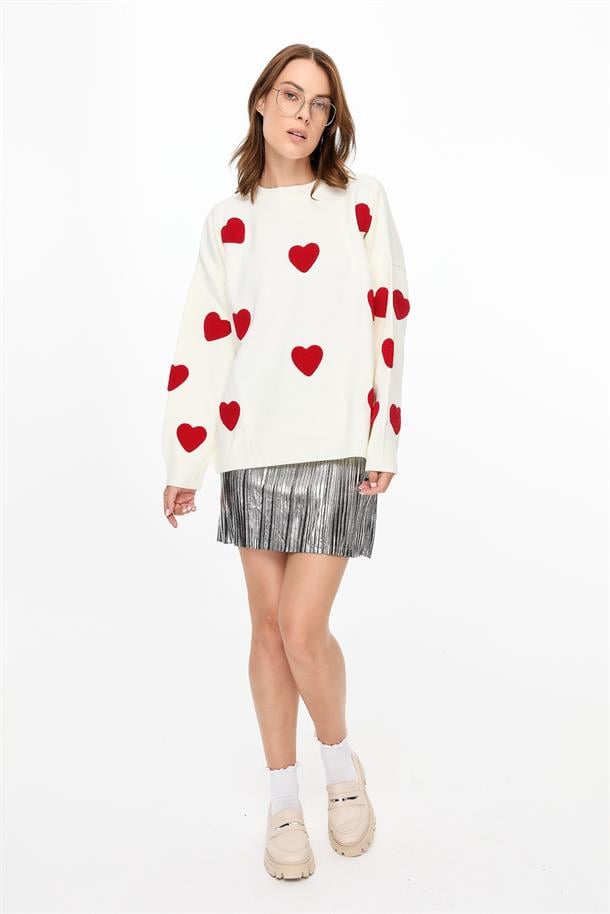 Kalp Desenli Triko Kazak-EKRU