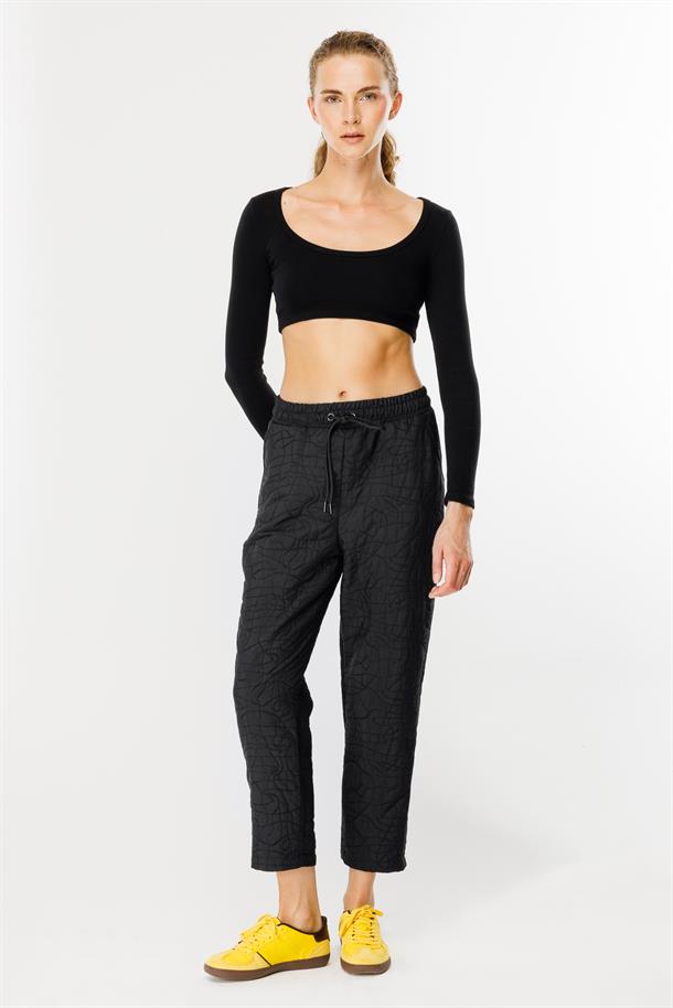 Kapitone Desenli Beli Lastikli Pantolon-SIYAH