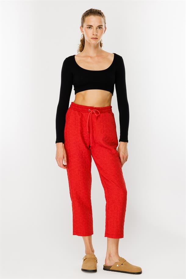 Kapitone Desenli Beli Lastikli Pantolon-KIRMIZI