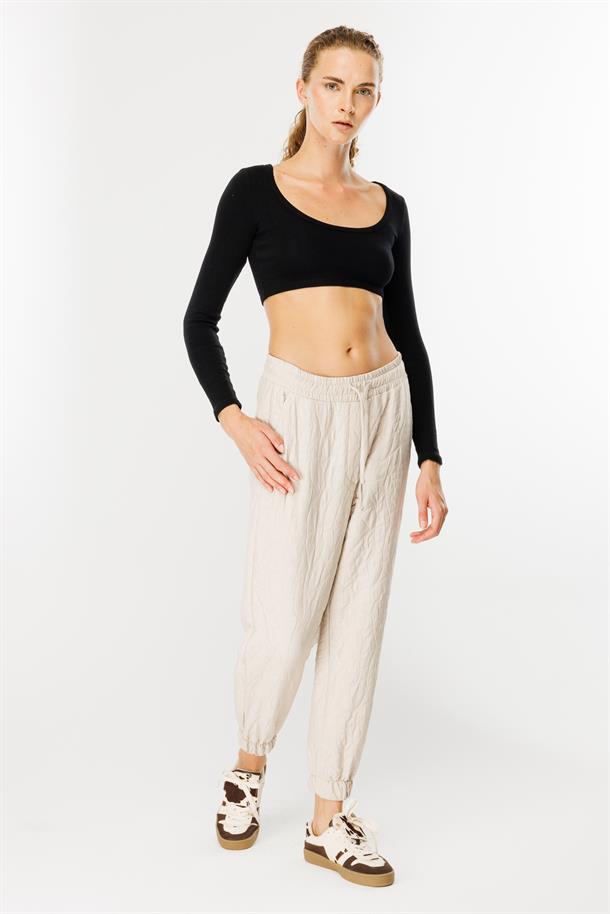 Kapitone Desenli Beli Lastikli Pantolon-TAŞ