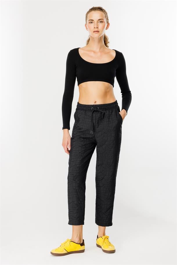 Kapitone Desenli Beli Lastikli Pantolon-SIYAH