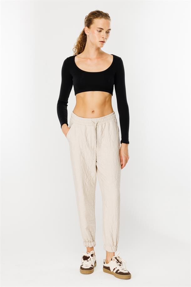 Kapitone Desenli Beli Lastikli Pantolon-TAŞ