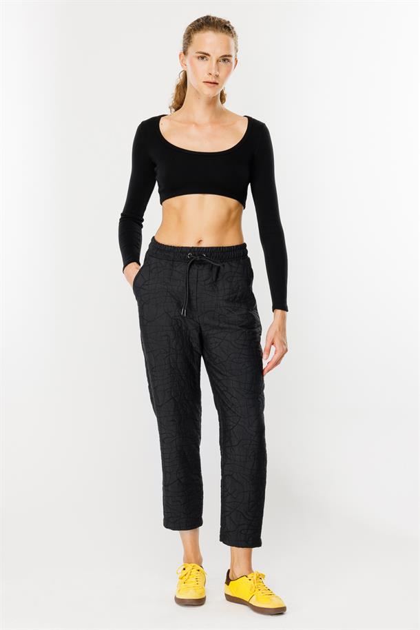 Kapitone Desenli Beli Lastikli Pantolon-SIYAH