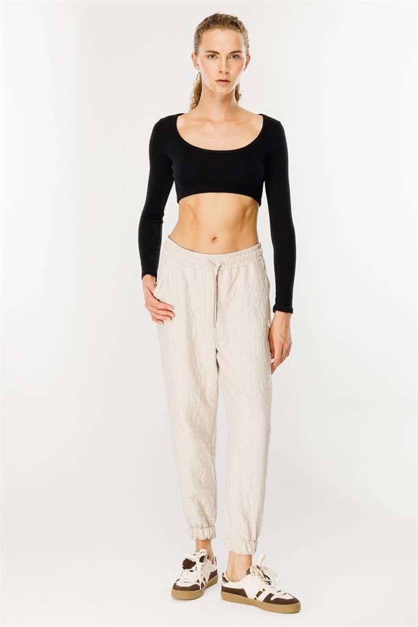 Kapitone Desenli Beli Lastikli Pantolon-TAŞ