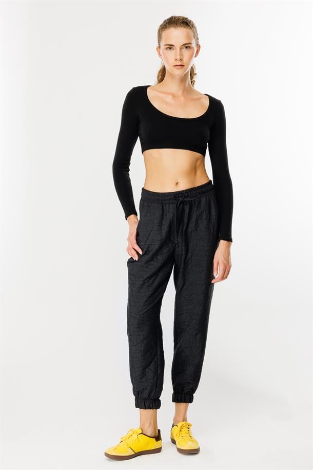 Kapitone Desenli Beli Lastikli Pantolon-SİYAH