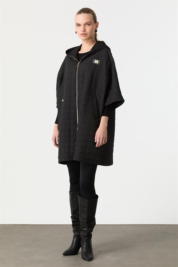 Kapitone Kapüşonlu Yelek-SİYAH