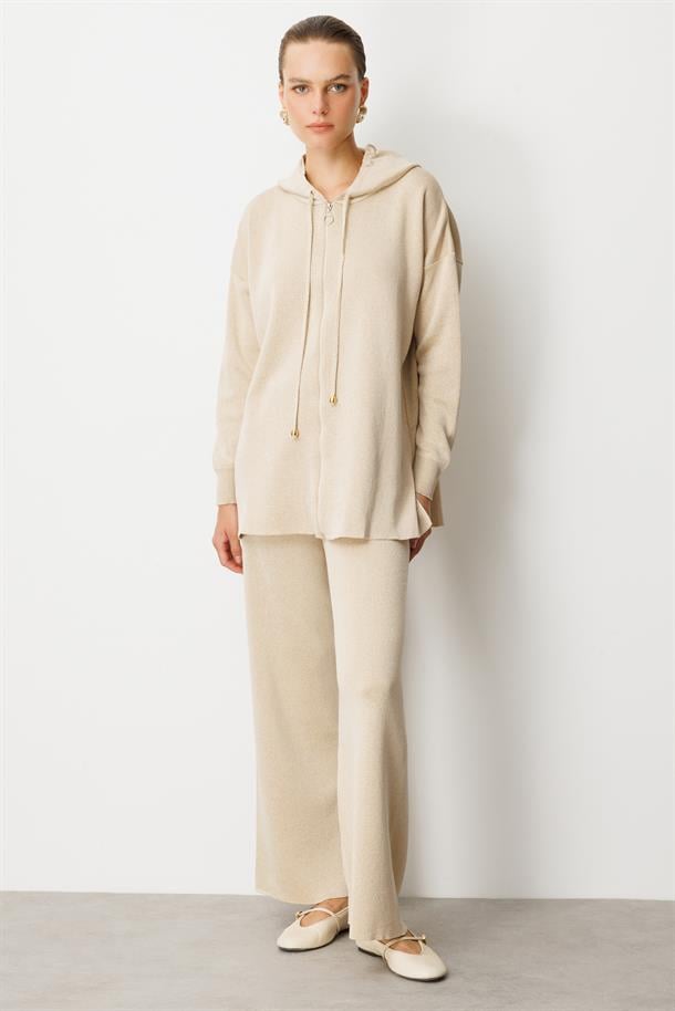 Kapüşon Detay Simli Triko Takım-BEJ