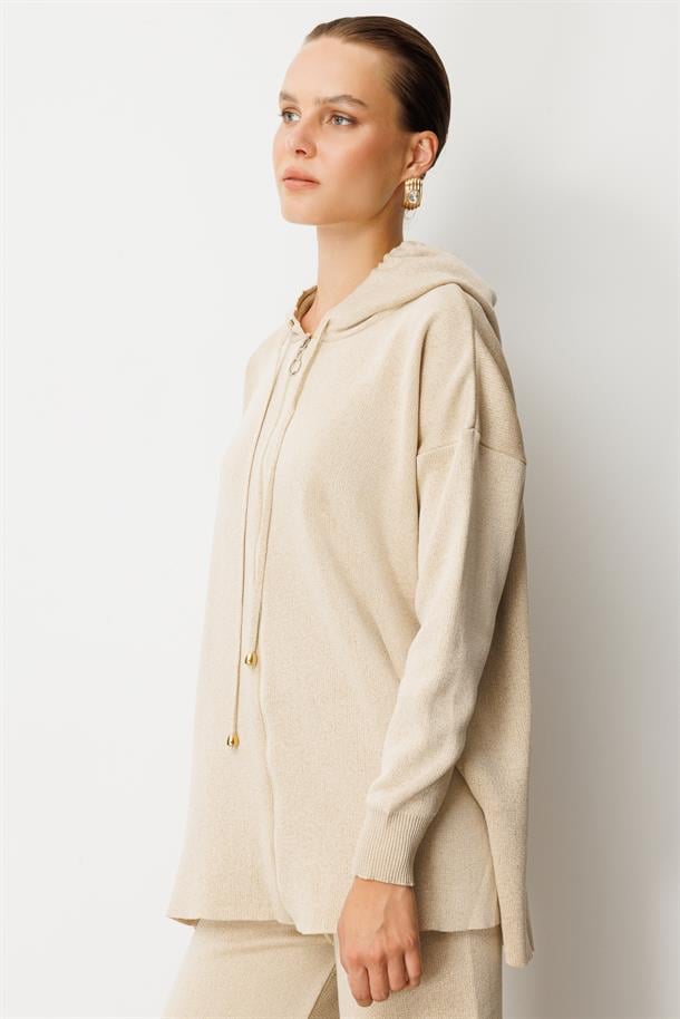 Kapüşon Detay Simli Triko Takım-BEJ