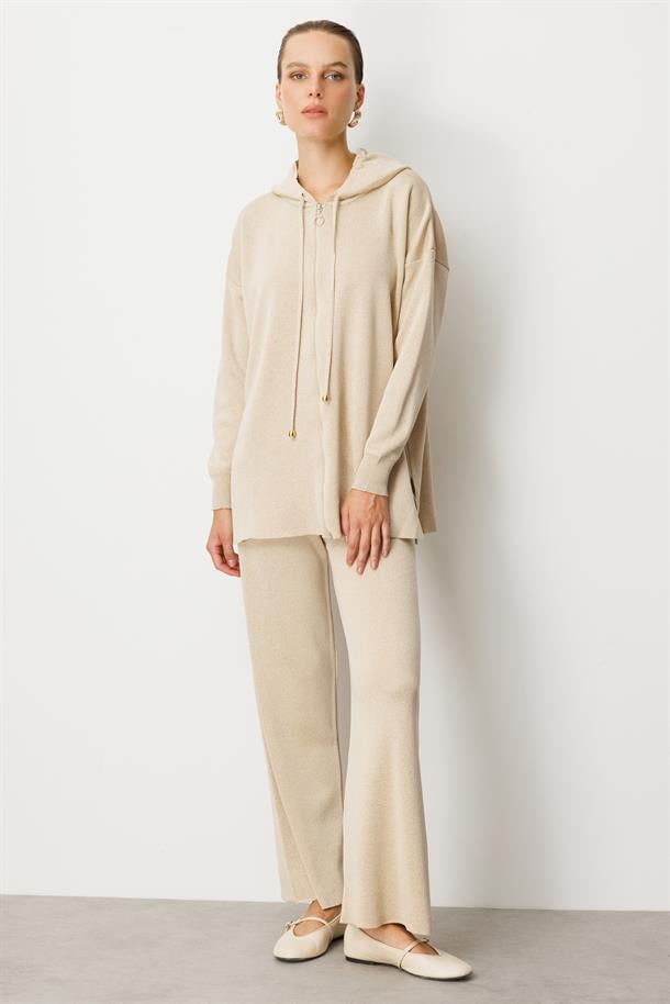 Kapüşon Detay Simli Triko Takım-BEJ