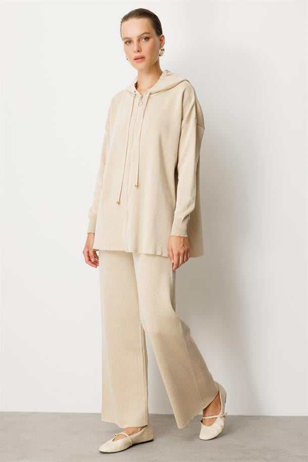 Kapüşon Detay Simli Triko Takım-BEJ