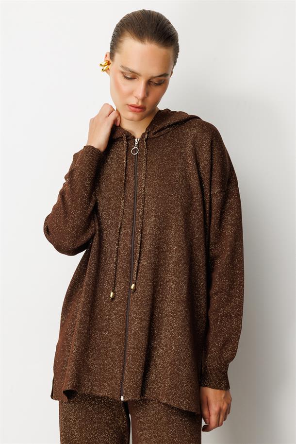 Kapüşon Detay Simli Triko Takım-KAHVE