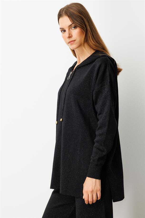 Kapüşon Detay Simli Triko Takım-SİYAH