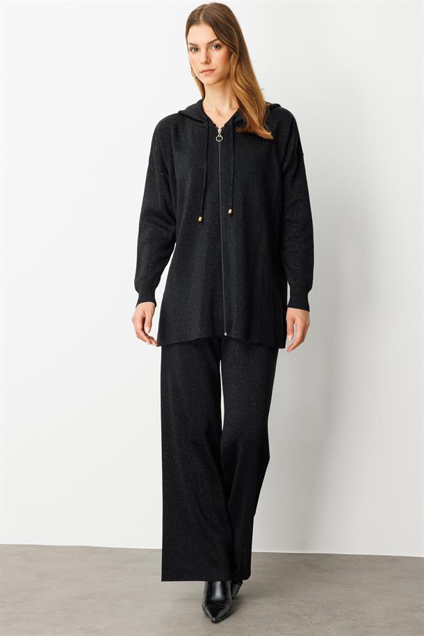 Kapüşon Detay Simli Triko Takım-SİYAH