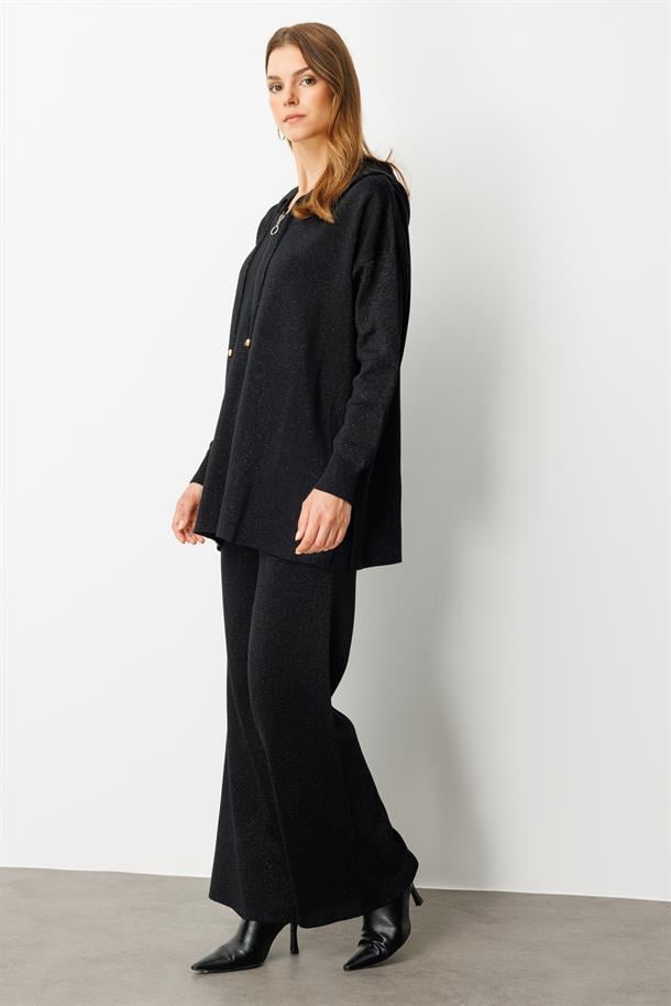 Kapüşon Detay Simli Triko Takım-SİYAH