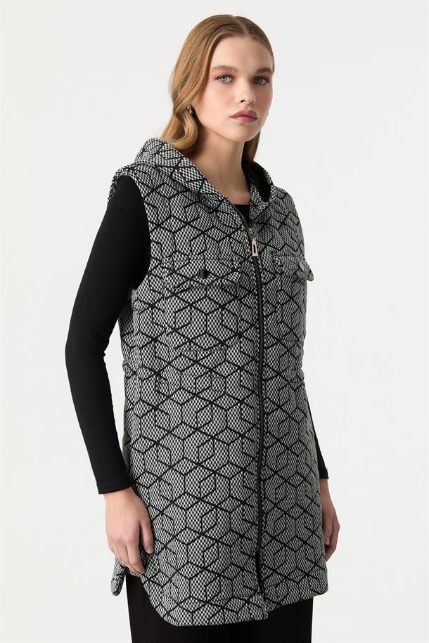 Kapüşon Detaylı Örme Yelek-SİYAH