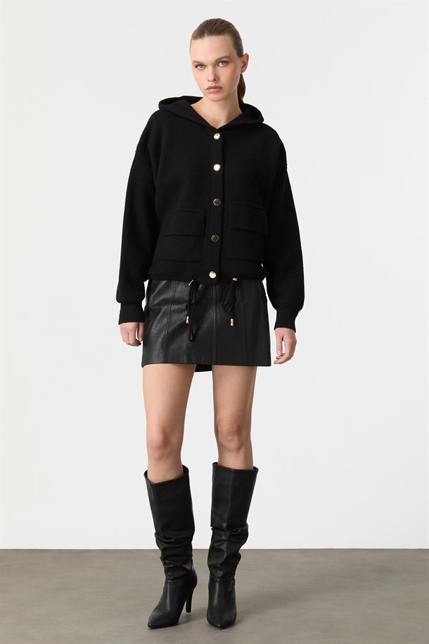 Kapüşon Detaylı Peluş Hırka-SİYAH