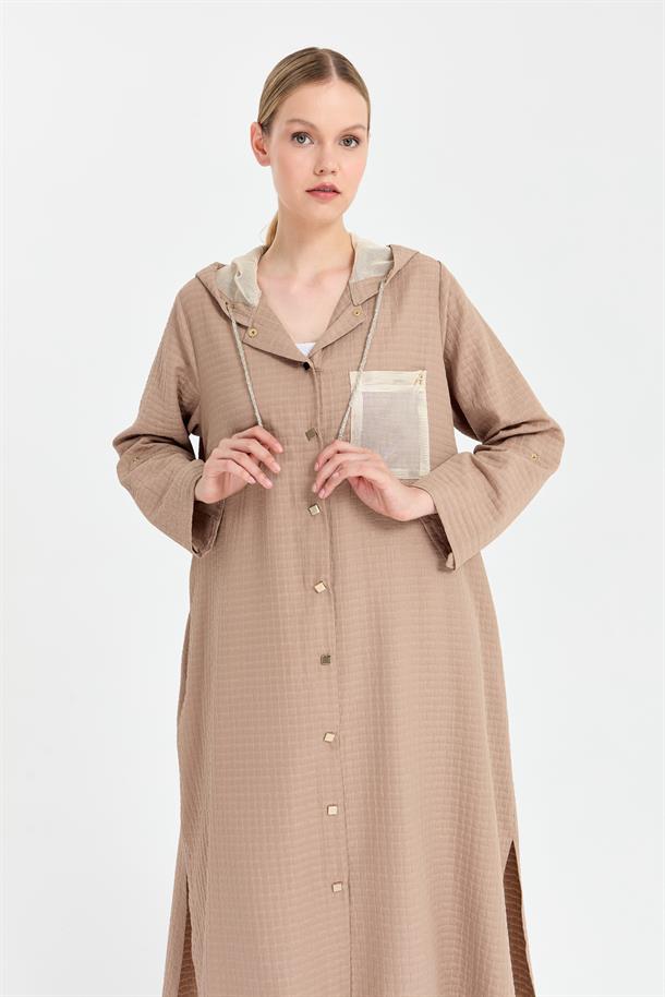 Kapüşon Ve Gold Detaylı Uzun Kap-VİZON