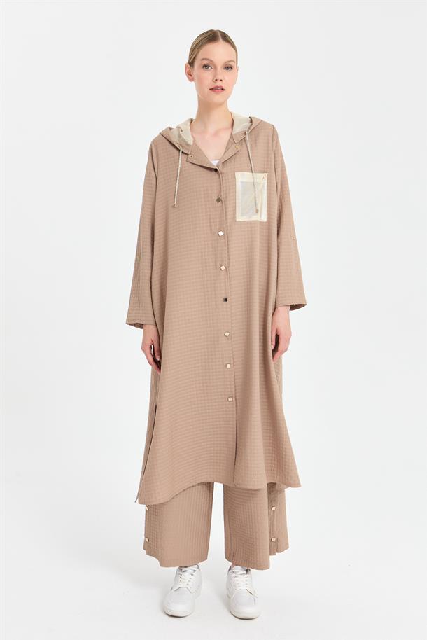 Kapüşon Ve Gold Detaylı Uzun Kap-VİZON