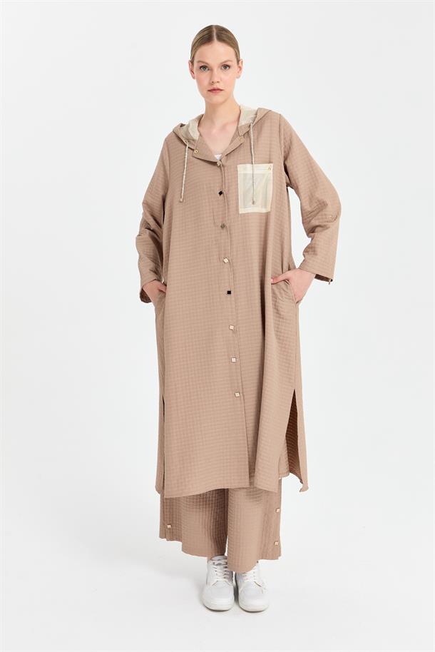 Kapüşon Ve Gold Detaylı Uzun Kap-VİZON