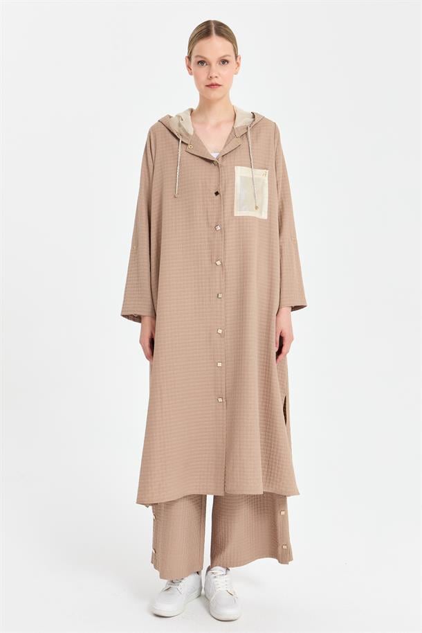 Kapüşon Ve Gold Detaylı Uzun Kap-VİZON