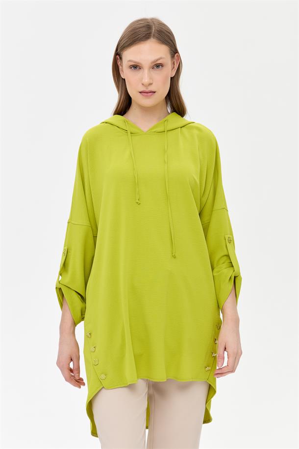 Kapüşonlu Düğme Detaylı Tunik-FISTIK YEŞİLİ